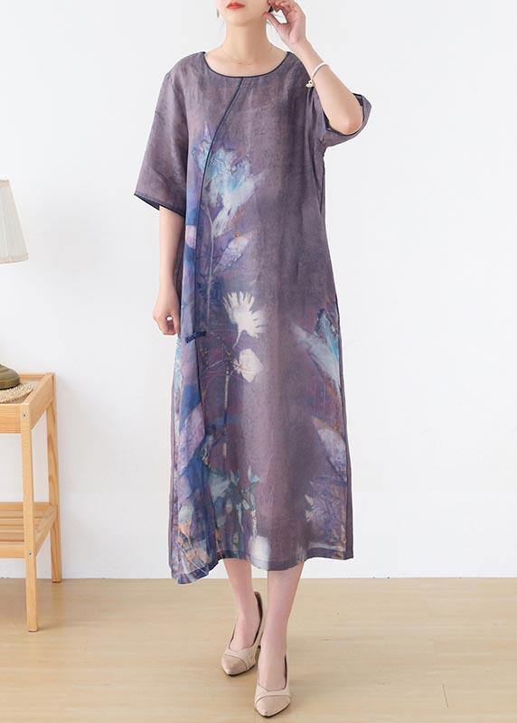 Purple Print O-neck Maxi Summer Linen Dress