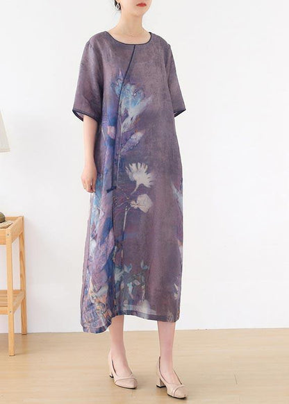 Purple Print O-neck Maxi Summer Linen Dress