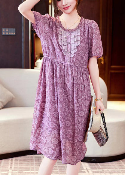 Purple Print Ruffled Patchwork Chiffon Long Dresses Summer