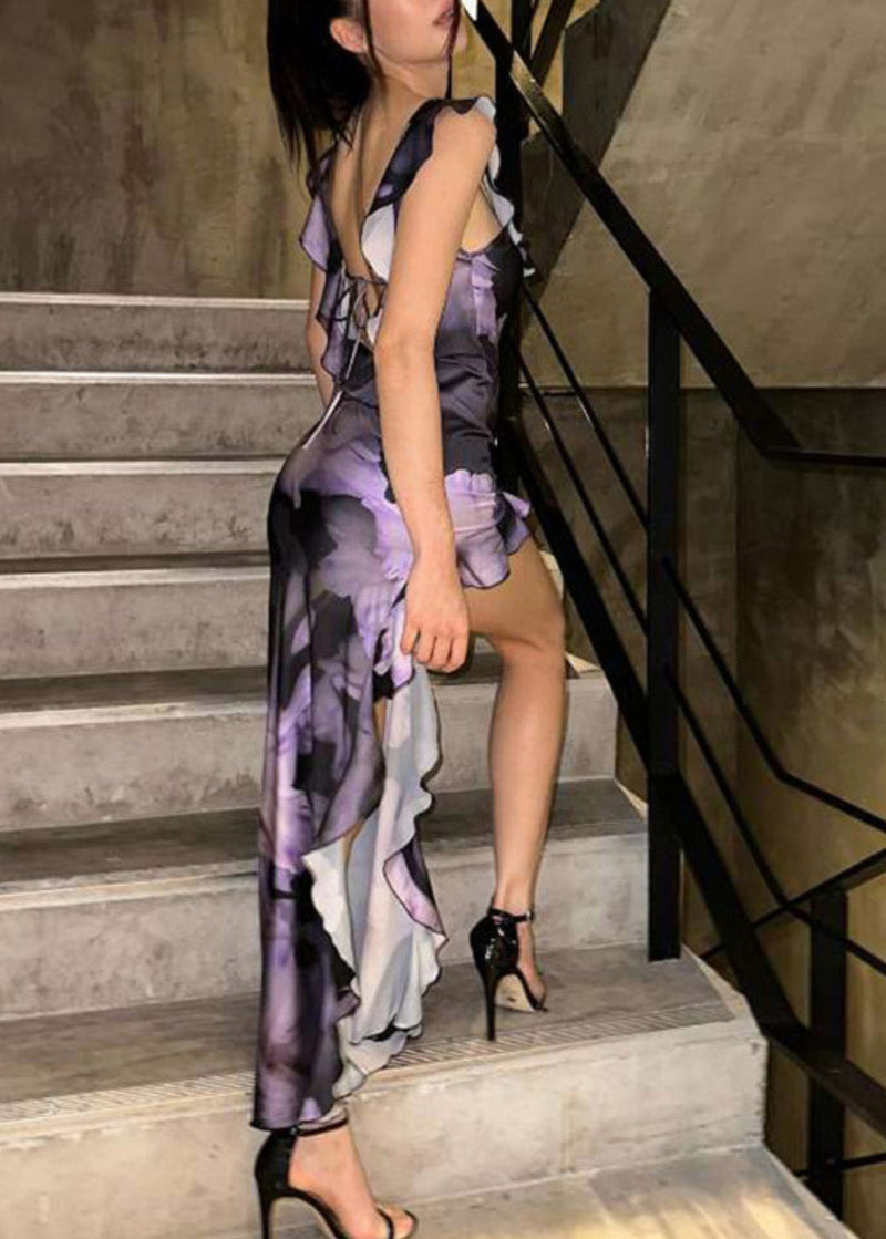 Purple Ruffled Asymmetrical Print Cotton Dress Summer