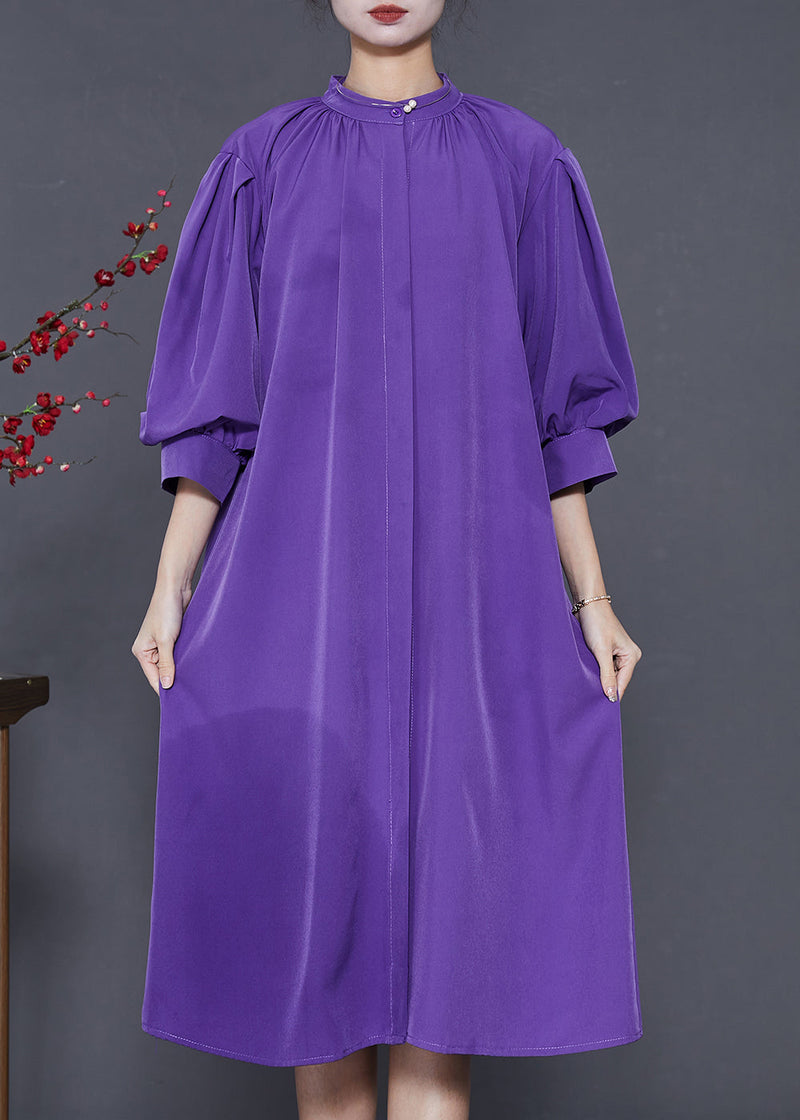 Purple Stand Collar Puff Sleeve Cotton Sundress