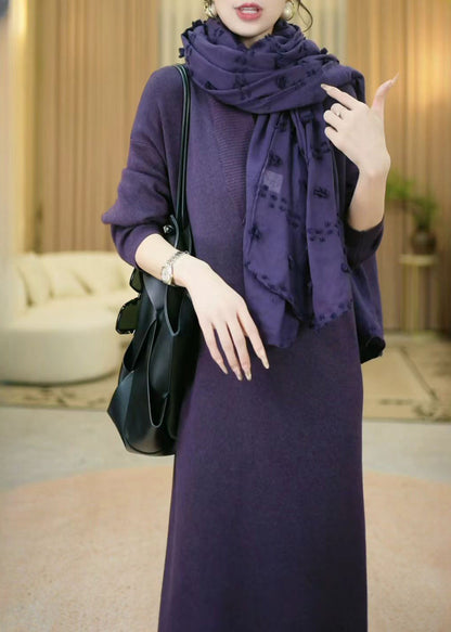 Purple V Neck Cozy Knit Long Sweater Winter