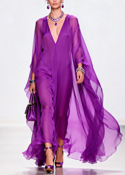 Purple V Neck Exra Large Hem Chiffon Holiday Dress Summer