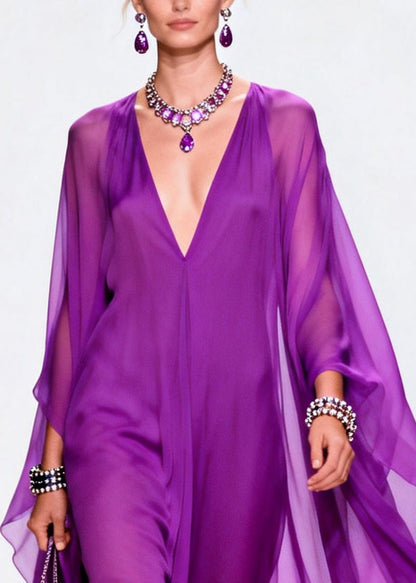Purple V Neck Exra Large Hem Chiffon Holiday Dress Summer