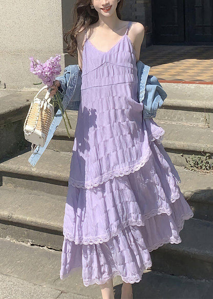 Purple V Neck Lace Cotton Spaghetti Strap Dress Sleeveless
