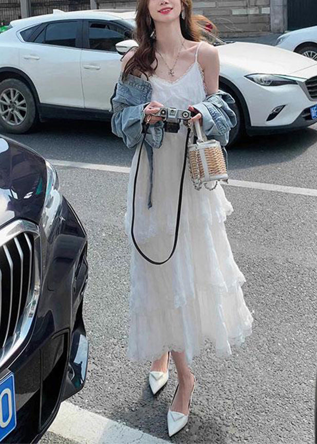 Purple V Neck Lace Cotton Spaghetti Strap Dress Sleeveless