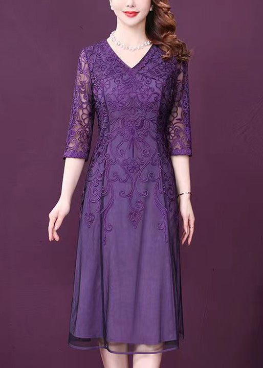 Purple V Neck Lace Patchwork Tulle Dresses Half Sleeve