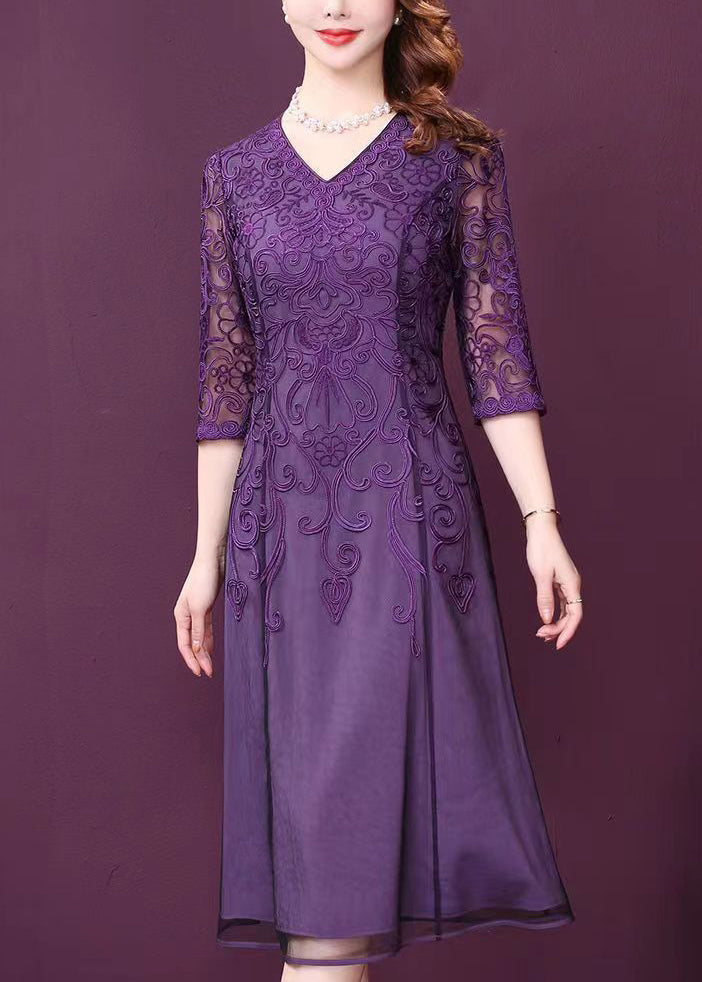 Purple V Neck Lace Patchwork Tulle Dresses Half Sleeve