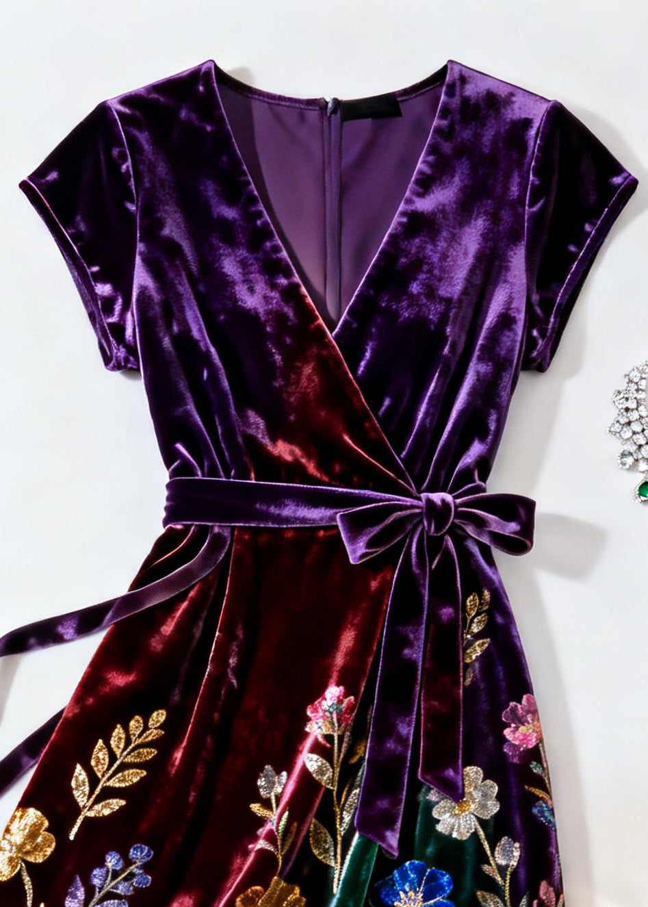 Purple V Neck Print Tie Waist Silk Velvet Dress Summer