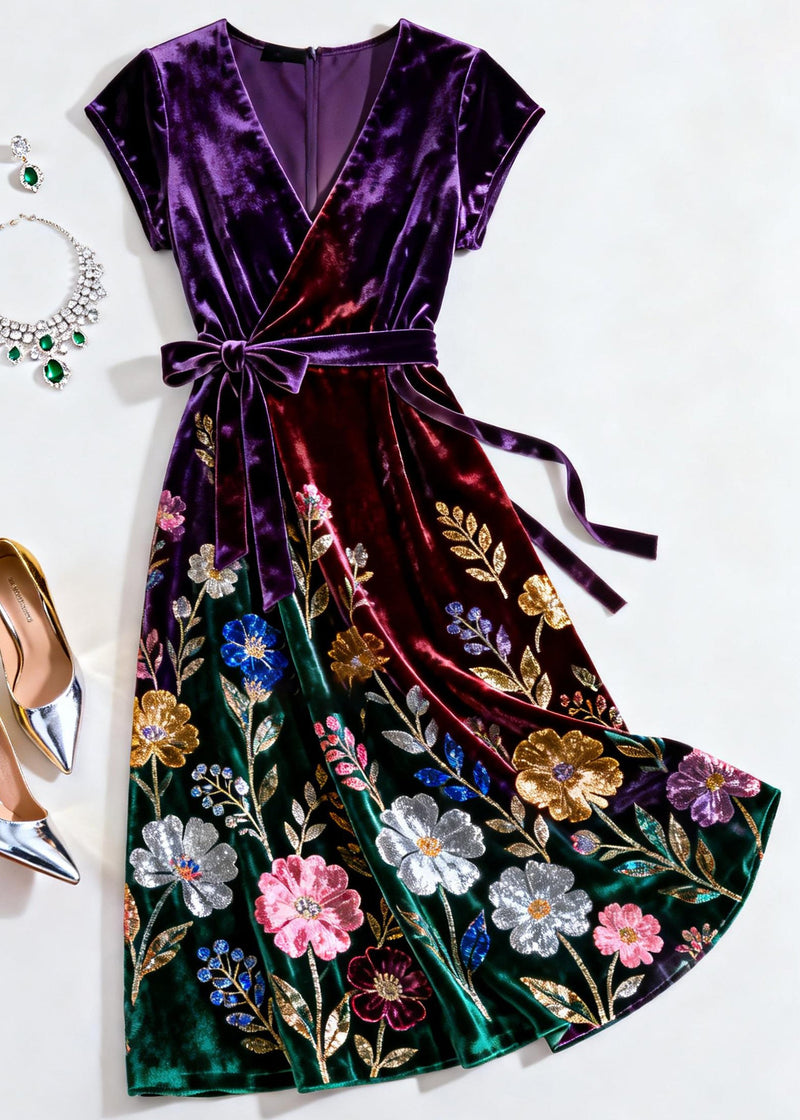 Purple V Neck Print Tie Waist Silk Velvet Dress Summer