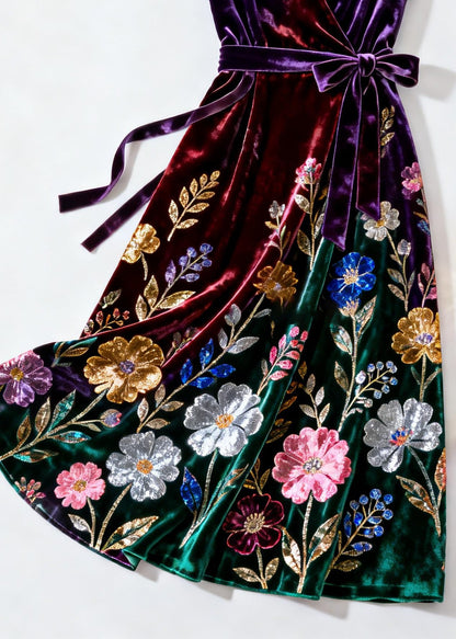 Purple V Neck Print Tie Waist Silk Velvet Dress Summer