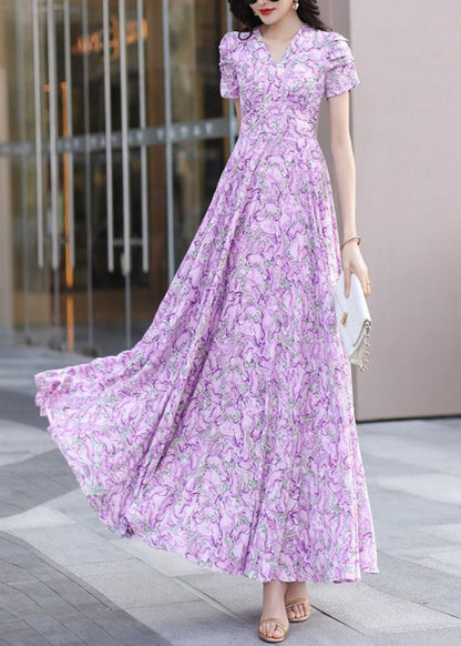 Purple V Neck Print Wrinkled Chiffon Dress Summer