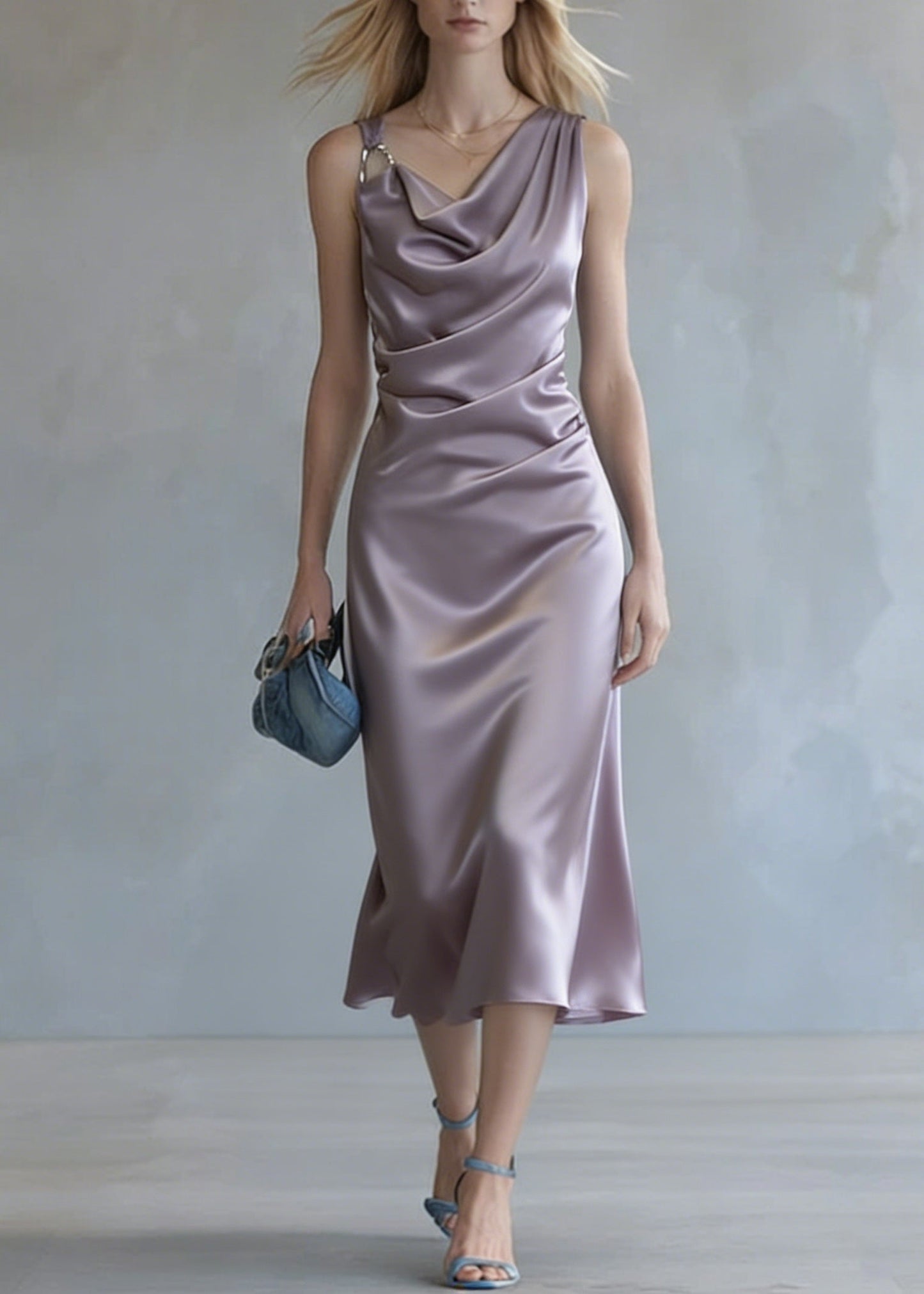 Purple Wrinkled Silk Spaghetti Strap Dress Summer