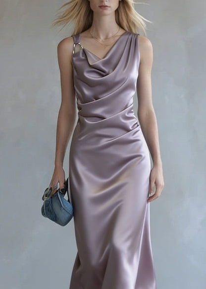 Purple Wrinkled Silk Spaghetti Strap Dress Summer