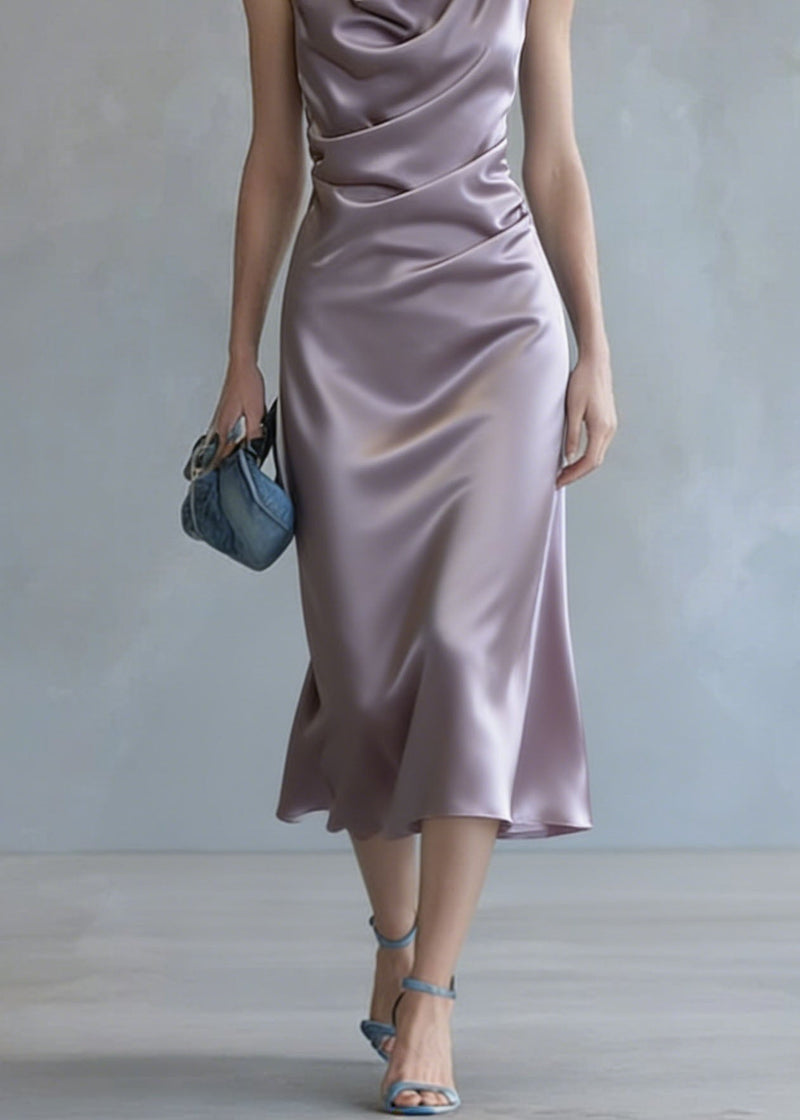 Purple Wrinkled Silk Spaghetti Strap Dress Summer