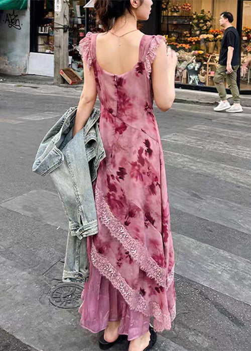 Purple Zippered Lace Patchwork Long Dresses Sleeveless