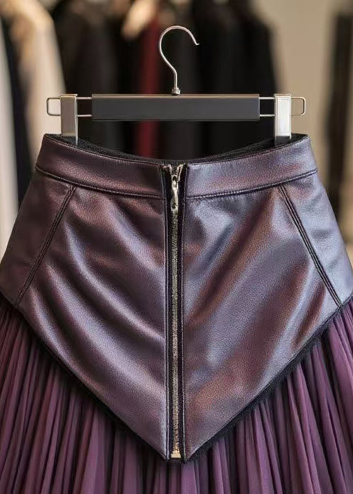 Purple Zippered Wrinkled Tulle Patchwork Skirts Spring