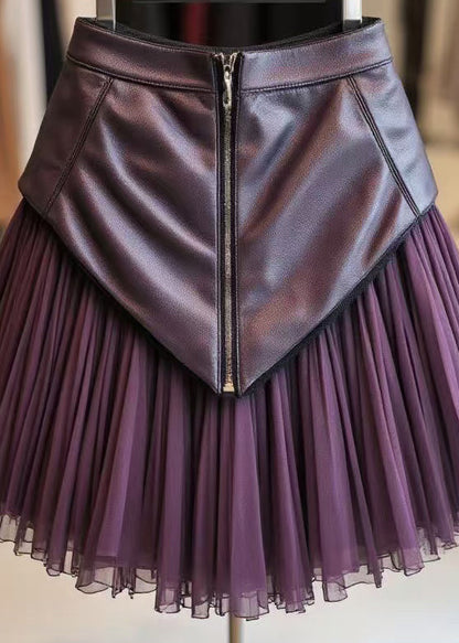 Purple Zippered Wrinkled Tulle Patchwork Skirts Spring