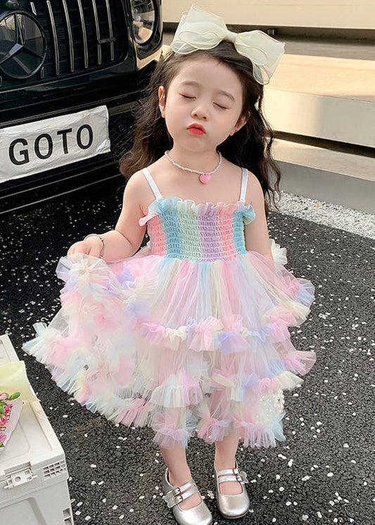 Rainbow Ruffled Exra Large Hem Tulle Kids Spaghetti Strap Dress Summer