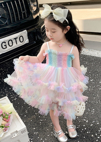 Rainbow Ruffled Exra Large Hem Tulle Kids Spaghetti Strap Dress Summer