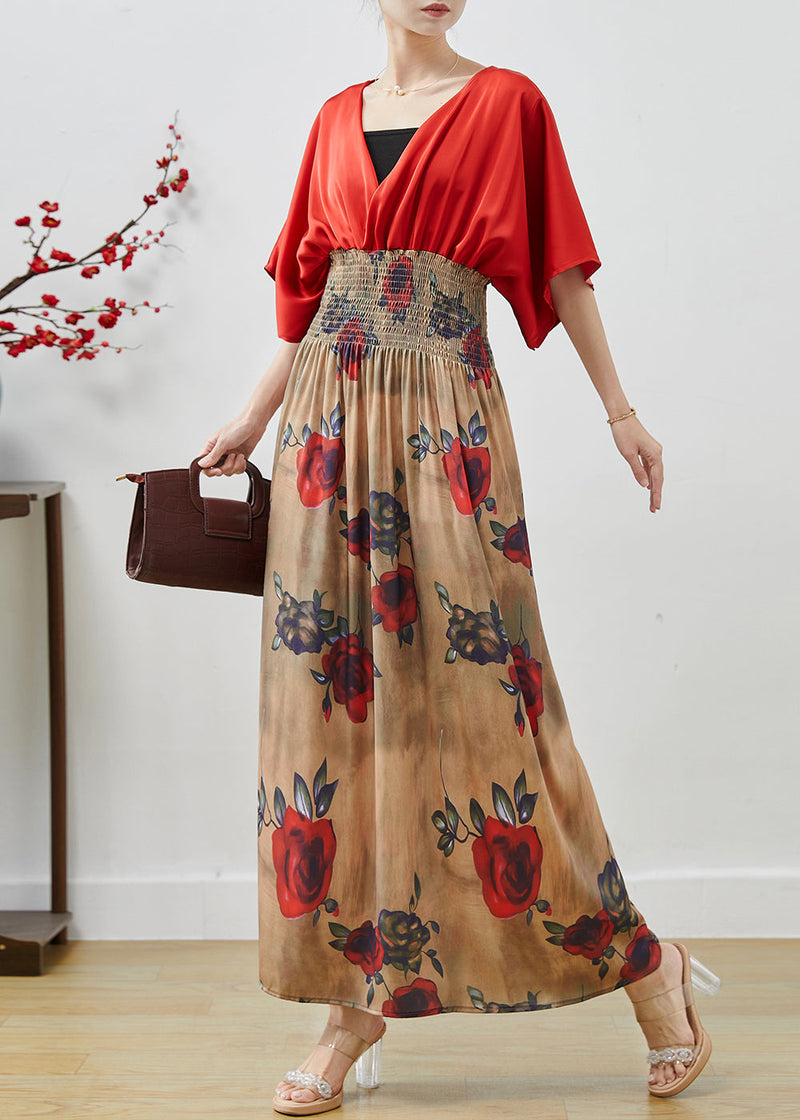 Red Elastic Waist Patchwork Chiffon Dress Summer