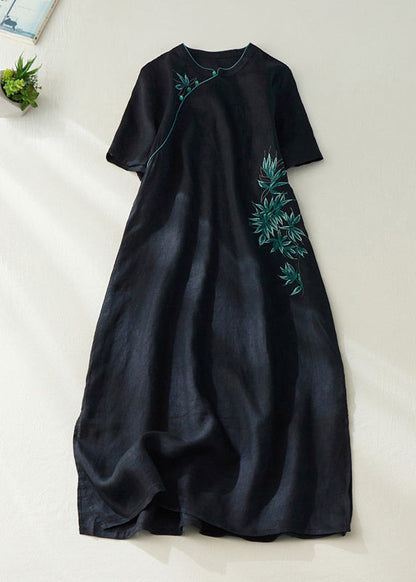 Red Embroidered Side Open Long Dress Short Sleeve