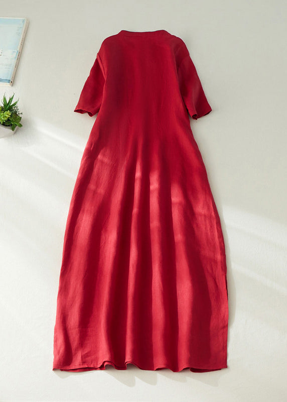 Red Embroidered Side Open Long Dress Short Sleeve