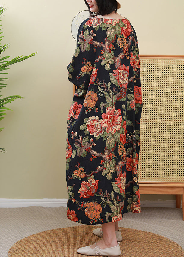 Red Print O-neck Inclined Plate Buckle Dress Long Sleeve