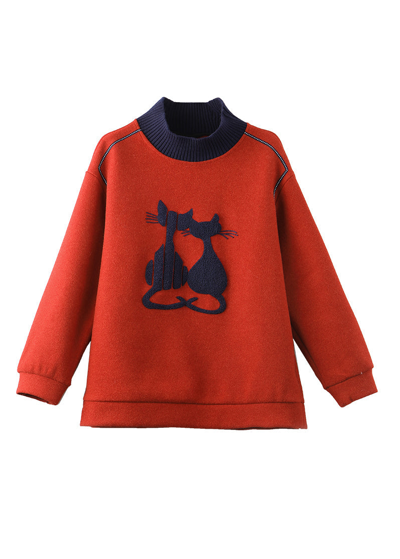 Red High Neck Patchwork Cotton Pullover Tops Winter
