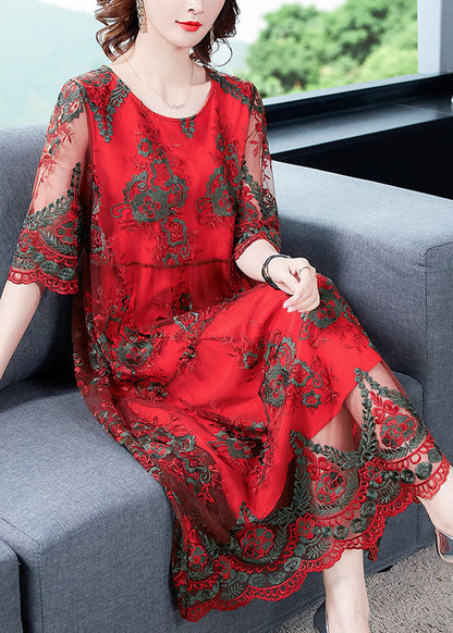Red O-neck Embroideried Tulle Vacation Dress Half Sleeve