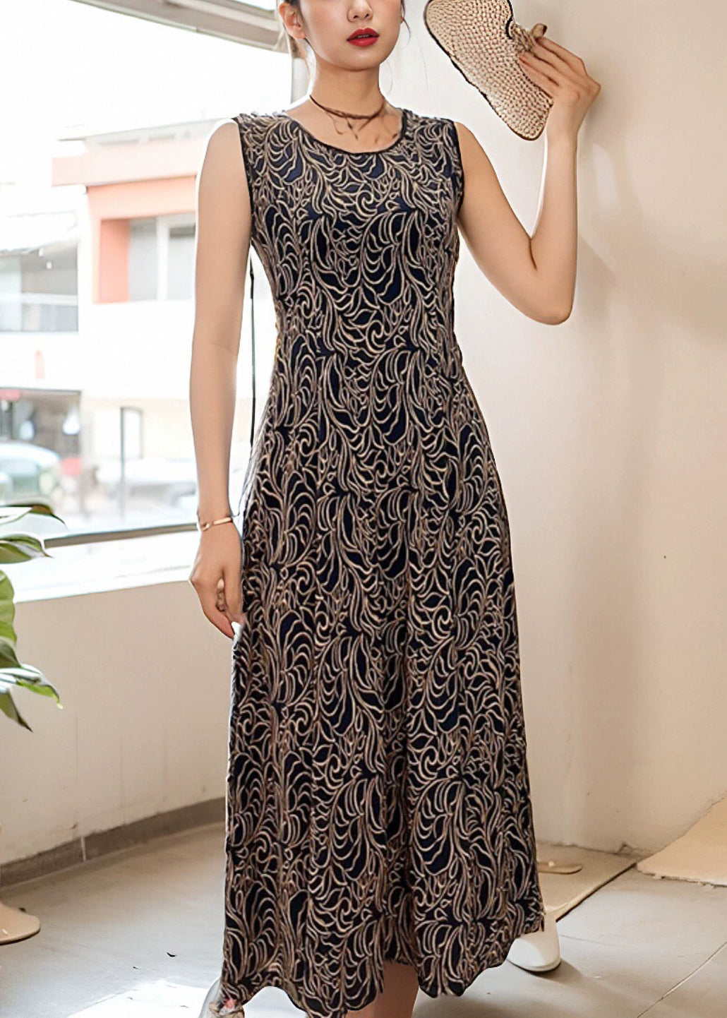 Red O Neck Print Ice Silk Dresses Sleeveless