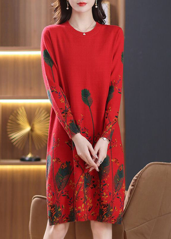 Red O Neck Print Knit Sweater Dress Spring