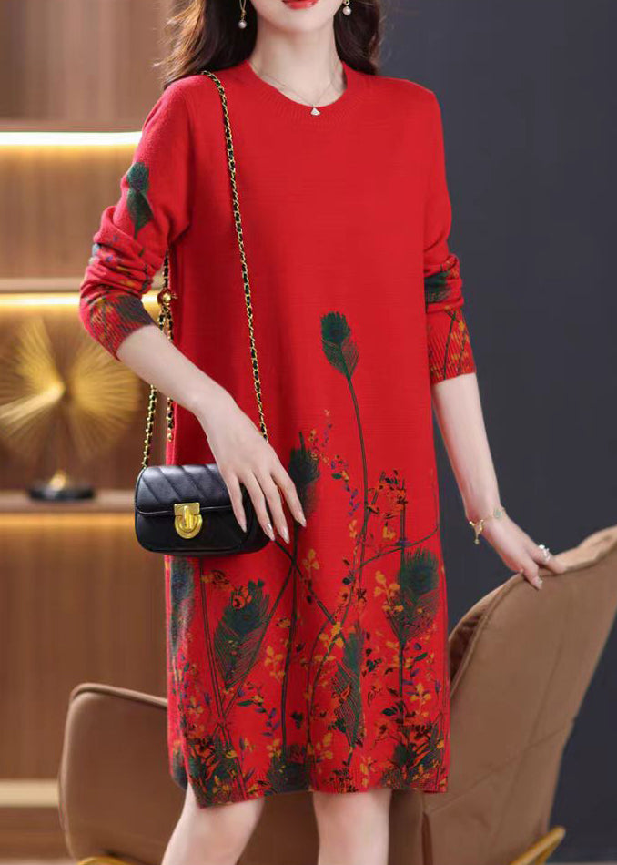 Red O Neck Print Knit Sweater Dress Spring