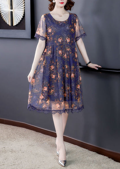 Red O Neck Print Lace Tulle Dress Summer