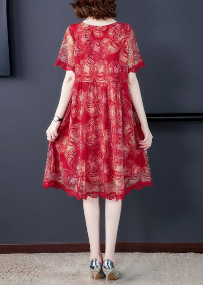 Red O Neck Print Lace Tulle Dress Summer
