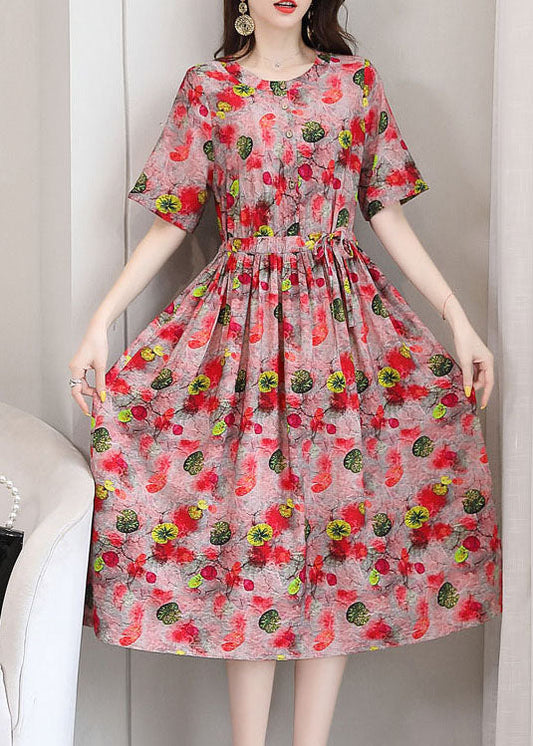 Red O-neck Print Linen Cinch Dresses Short Sleeve