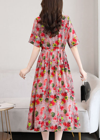 Red O-neck Print Linen Cinch Dresses Short Sleeve