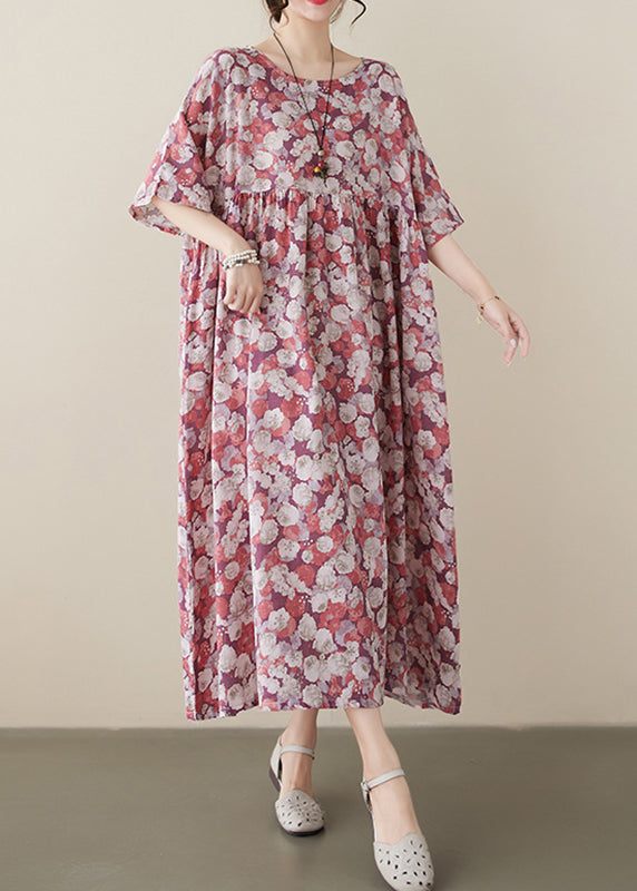 Red O-neck Print Wrinkled Maxi Dress Short Sleeve
