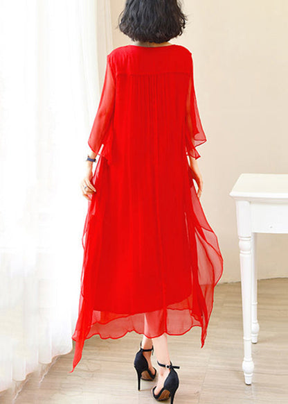 Red O-neck Ice Silk Long Dress Flare Sleeve