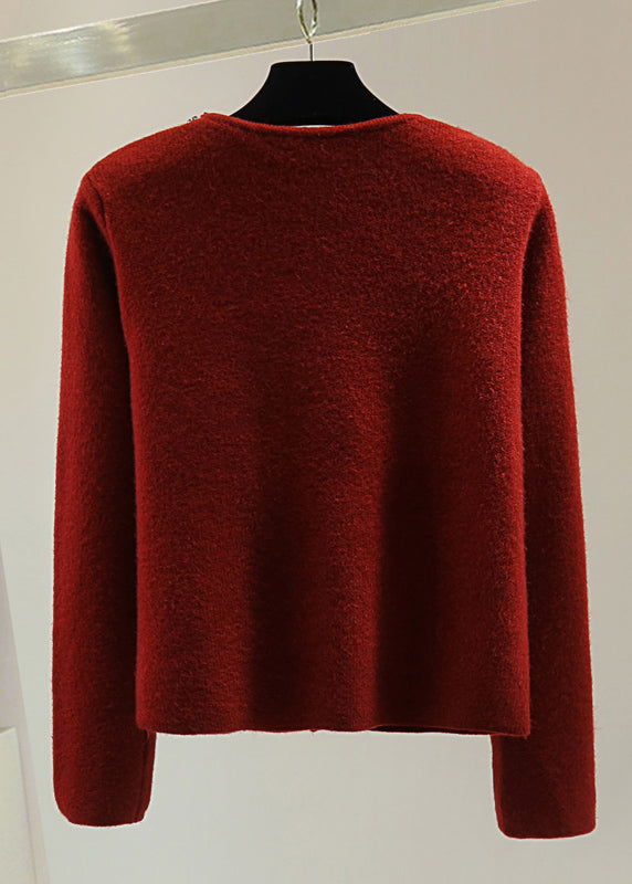 Red O-neck Thick Cotton Knit Sweater Winter