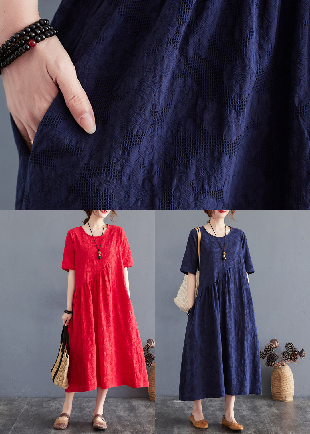 Red Oversized Jacquard Cotton Maxi Dress Summer