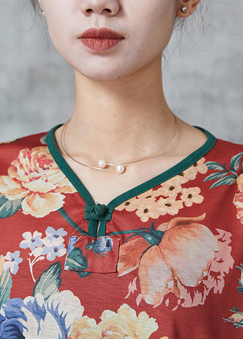 Red Oversized Print Linen Blouses Spring