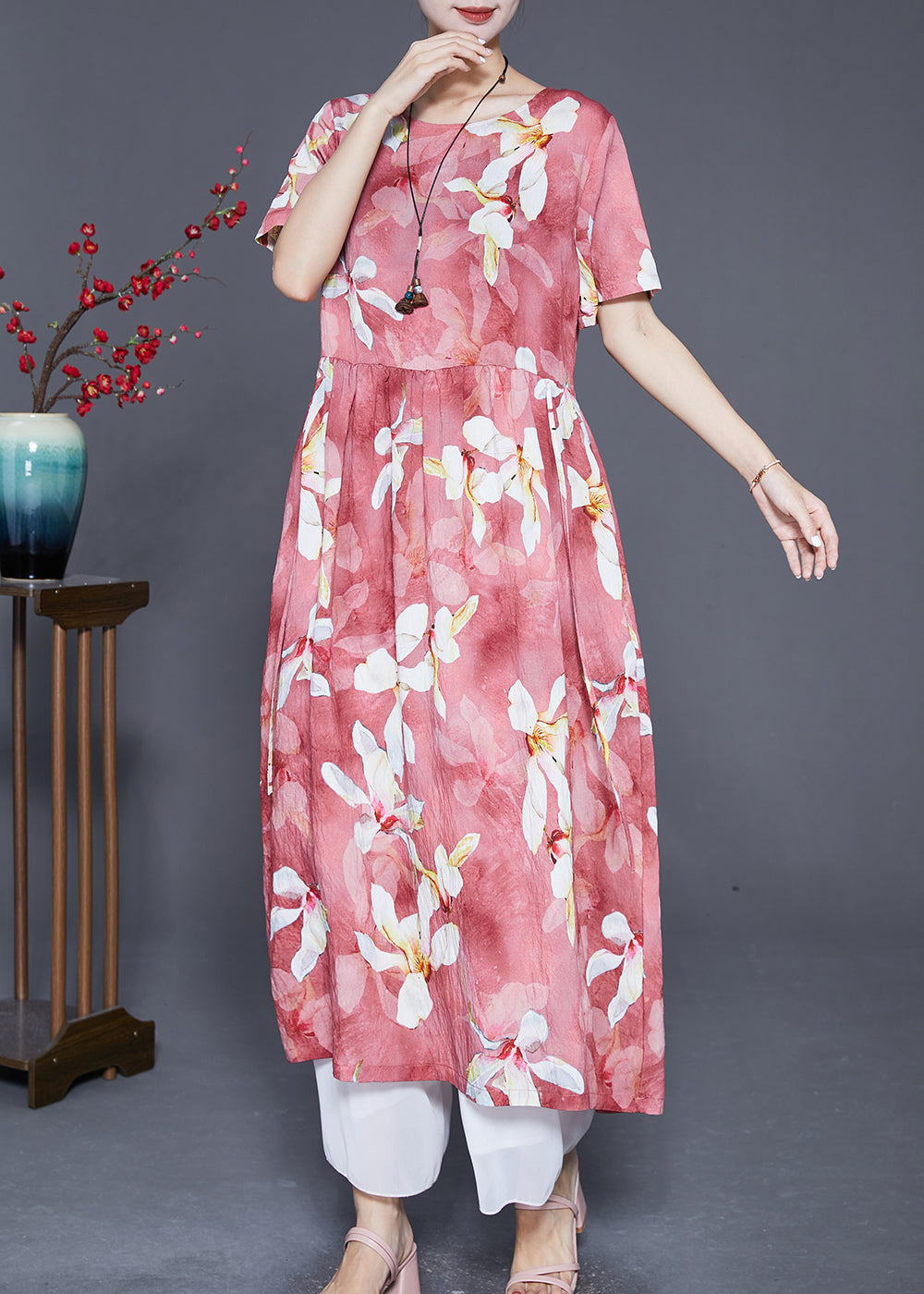 Red Oversized Print Linen Holiday Dress Summer