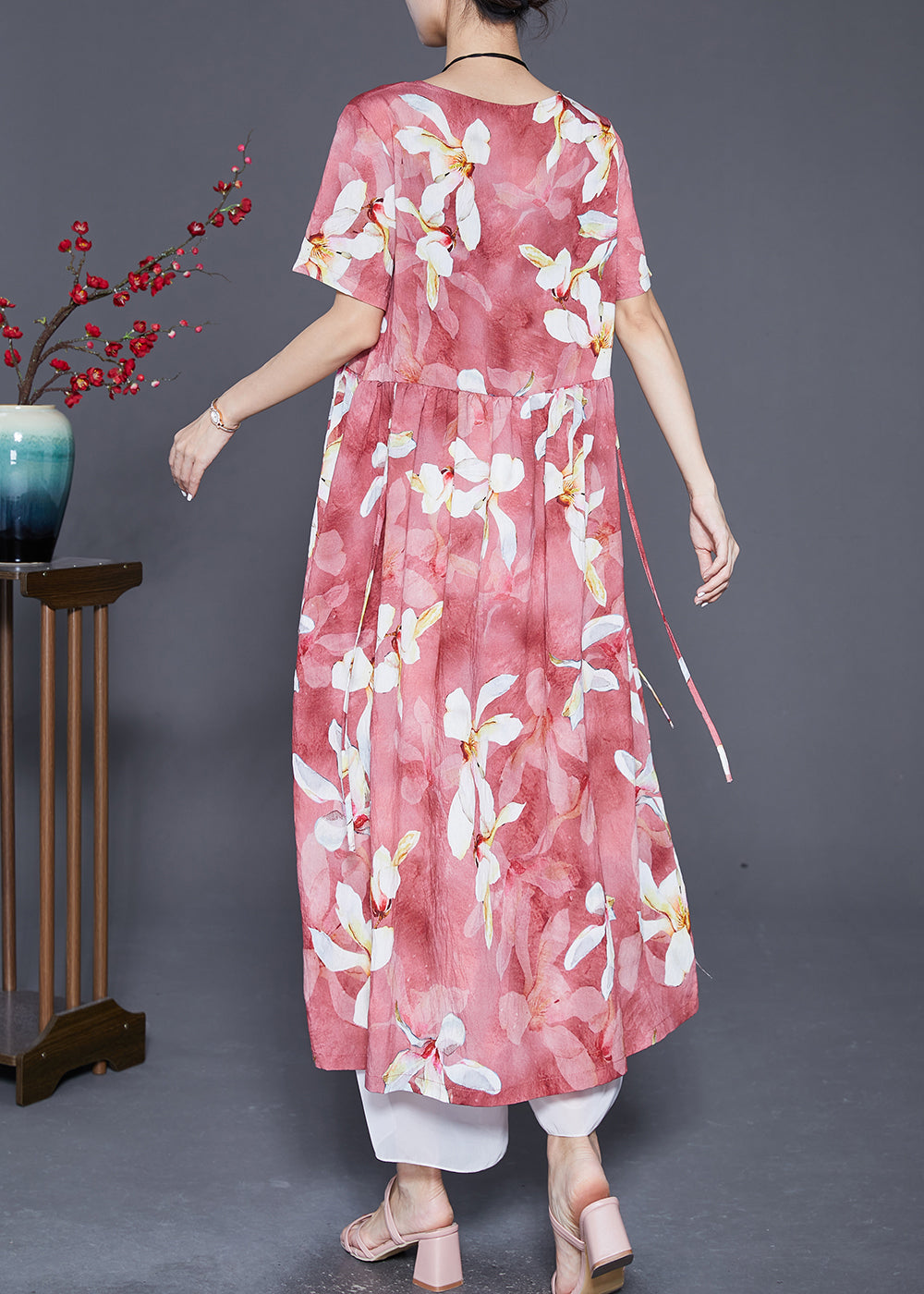 Red Oversized Print Linen Holiday Dress Summer