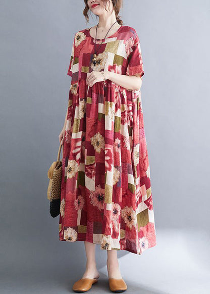 Red Oversized Print Pockets Cotton a Line Dress Summer
