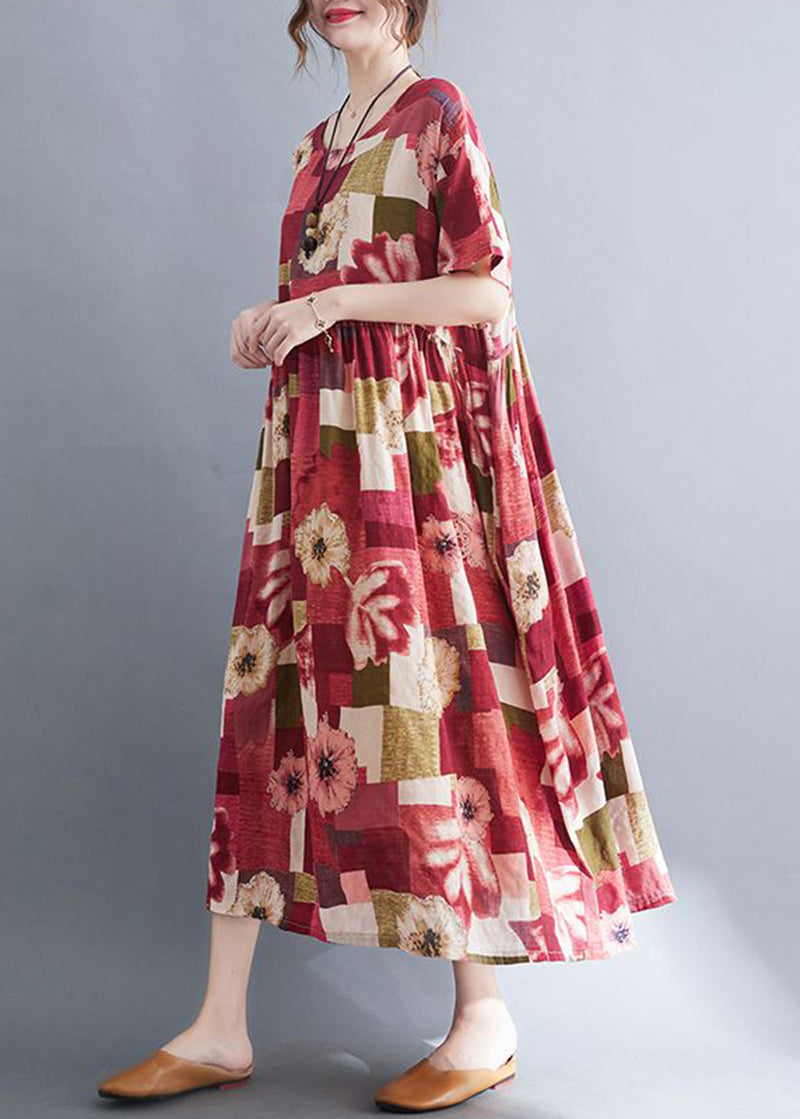Red Oversized Print Pockets Cotton a Line Dress Summer