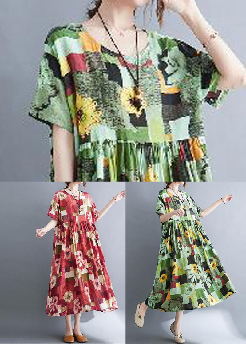 Red Oversized Print Pockets Cotton a Line Dress Summer
