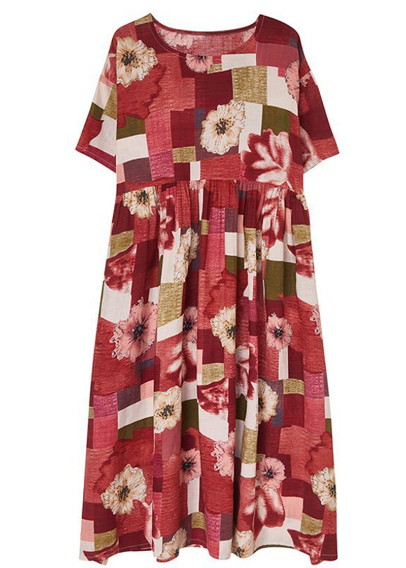 Red Oversized Print Pockets Cotton a Line Dress Summer