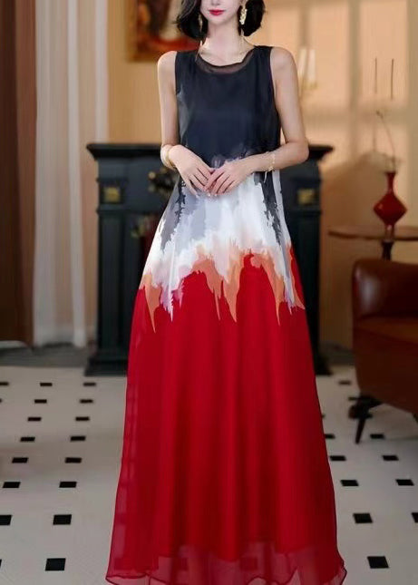 Red Oversized Tie Dye Chiffon a Line Dress Sleeveless