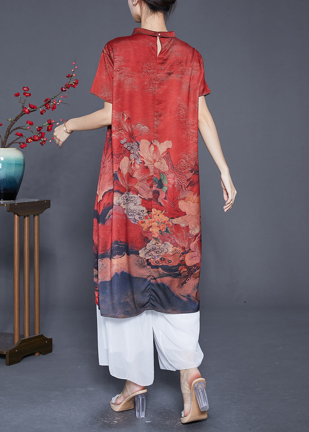 Red Peter Pan Collar Print Silk Robe Dresses Summer